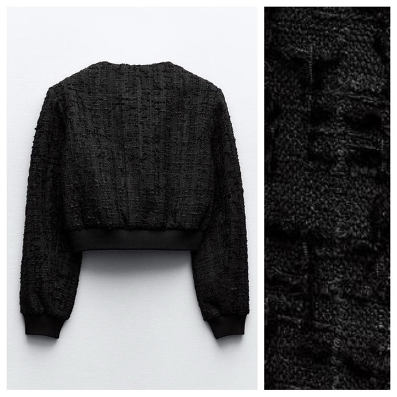 NWT. Zara Black Viscose/Wool Bland Embossed Fabric Cropped Bomber Jacket Size S. - Picture 4 of 12